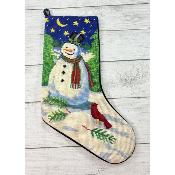 Vintage Snowman Cardinal Needlepoint Christmas Tree Stocking Green Velvet Back - Picture 1 of 6